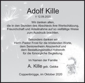 Traueranzeige von Adolf Kille von Deister- und Weserzeitung