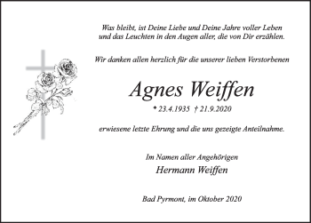 Traueranzeige von Agnes Weiffen von Deister- und Weserzeitung