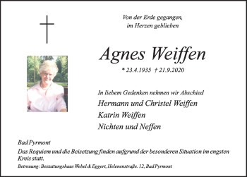 Traueranzeige von Agnes Weiffen von Deister- und Weserzeitung