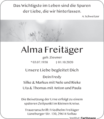 Traueranzeige von Alma Freitäger von Deister- und Weserzeitung