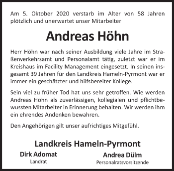Traueranzeige von Andreas Höhn von Deister- und Weserzeitung