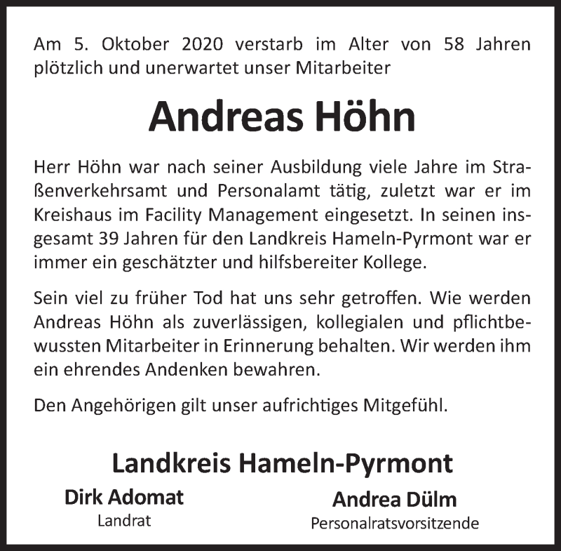  Traueranzeige für Andreas Höhn vom 24.10.2020 aus Deister- und Weserzeitung