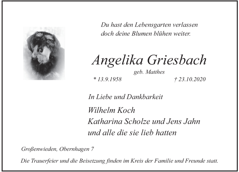  Traueranzeige für Angelika Griesbach vom 28.10.2020 aus Deister- und Weserzeitung