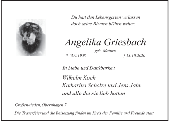 Traueranzeige von Angelika Griesbach von Deister- und Weserzeitung