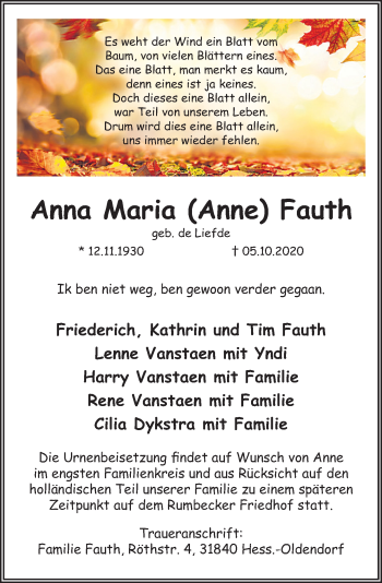 Traueranzeige von Anna Maria Fauth von Deister- und Weserzeitung