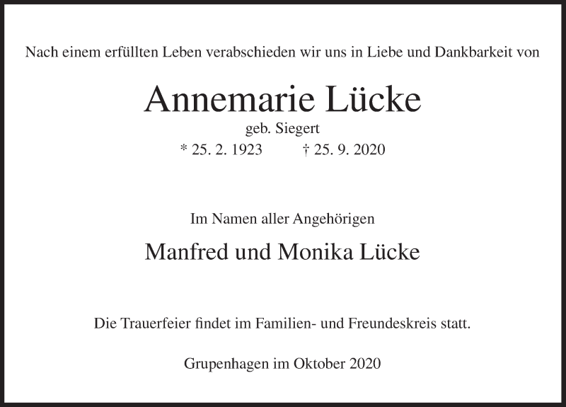  Traueranzeige für Annemarie Lücke vom 02.10.2020 aus Deister- und Weserzeitung