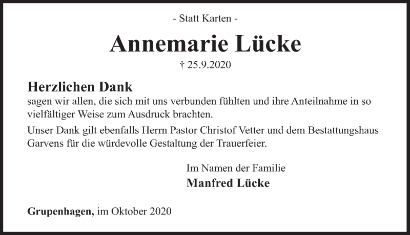  Traueranzeige für Annemarie Lücke vom 24.10.2020 aus Deister- und Weserzeitung