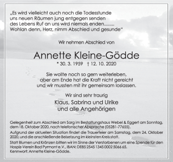 Traueranzeige von Annette Kleine-Gödde von Deister- und Weserzeitung