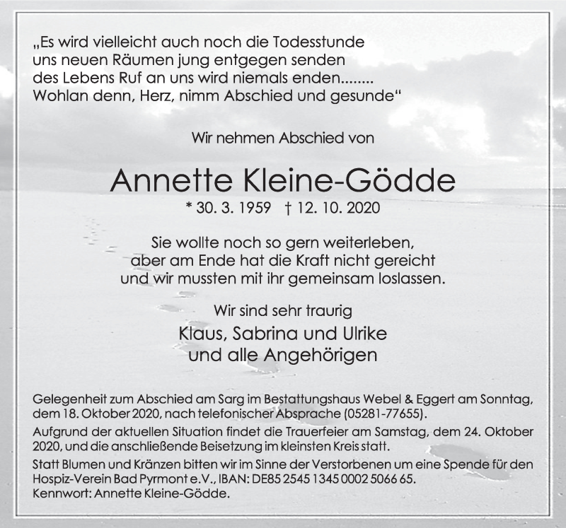  Traueranzeige für Annette Kleine-Gödde vom 15.10.2020 aus Deister- und Weserzeitung
