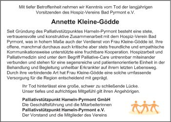 Traueranzeige von Annette Kleine-Gödde von Deister- und Weserzeitung