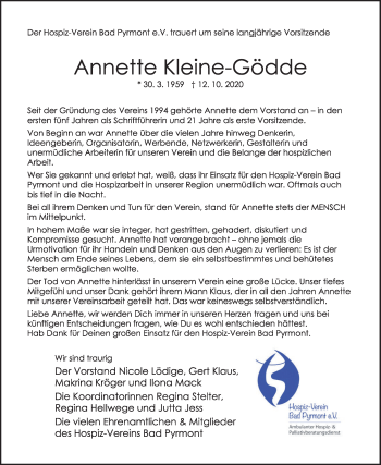 Traueranzeige von Annette Kleine-Gödde von Deister- und Weserzeitung