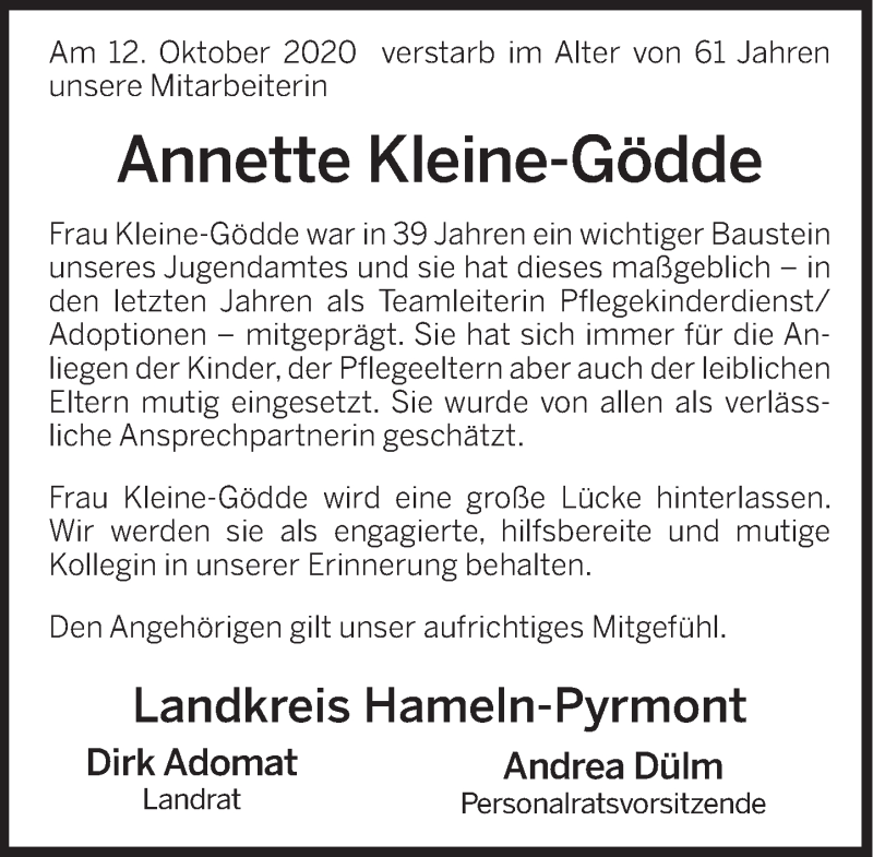  Traueranzeige für Annette Kleine-Gödde vom 17.10.2020 aus Deister- und Weserzeitung
