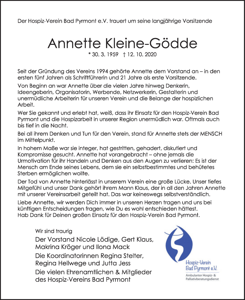  Traueranzeige für Annette Kleine-Gödde vom 17.10.2020 aus Deister- und Weserzeitung