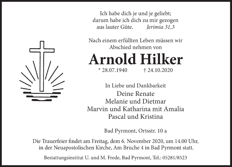  Traueranzeige für Arnold Hilker vom 30.10.2020 aus Deister- und Weserzeitung