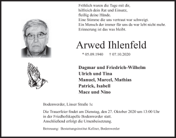 Traueranzeige von Arwed Ihlenfeld von Deister- und Weserzeitung