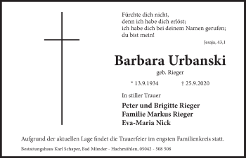 Traueranzeige von Barbara Urbanski von Deister- und Weserzeitung