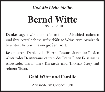 Traueranzeige von Bernd Witte von Neue Deister-Zeitung