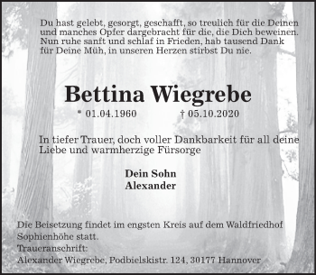 Traueranzeige von Bettina Wiegrebe von Neue Deister-Zeitung
