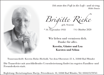 Traueranzeige von Brigitte Rieke von Neue Deister-Zeitung