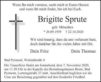 Traueranzeige von Brigitte Sprute von Deister- und Weserzeitung
