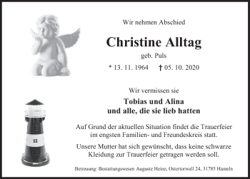 Traueranzeige von Christine Alltag von Deister- und Weserzeitung