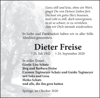Traueranzeige von Dieter Freise von Neue Deister-Zeitung