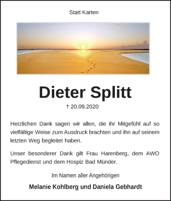 Traueranzeige von Dieter Splitt von Neue Deister-Zeitung