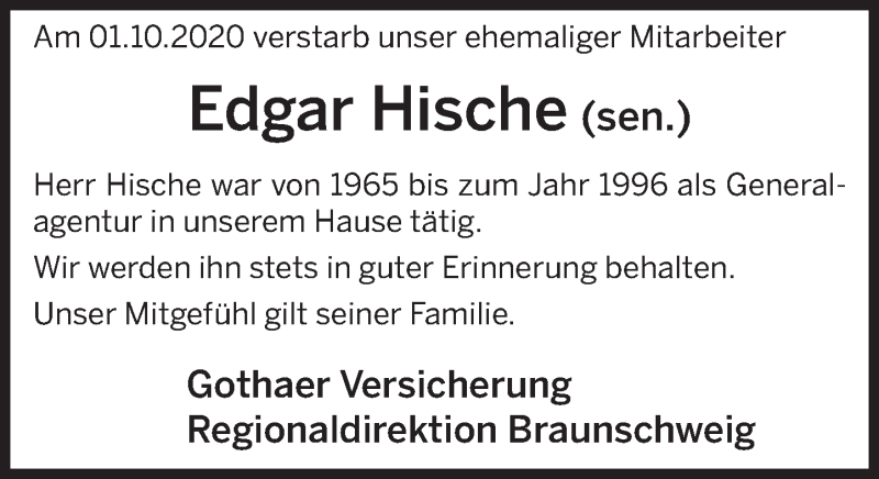  Traueranzeige für Edgar Hische vom 10.10.2020 aus Deister- und Weserzeitung