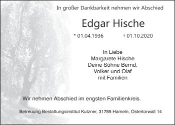 Traueranzeige von Edgar Hische von Deister- und Weserzeitung