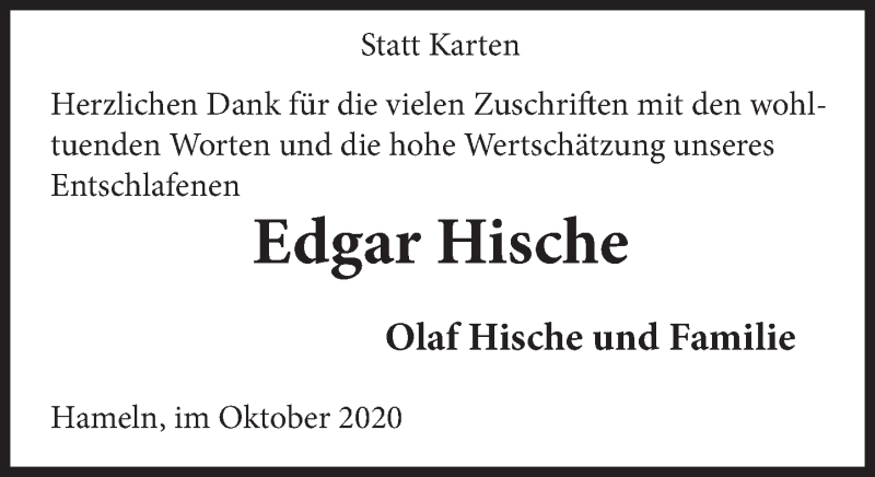  Traueranzeige für Edgar Hische vom 24.10.2020 aus Deister- und Weserzeitung