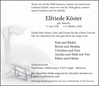 Traueranzeige von Elfriede Köster von Deister- und Weserzeitung