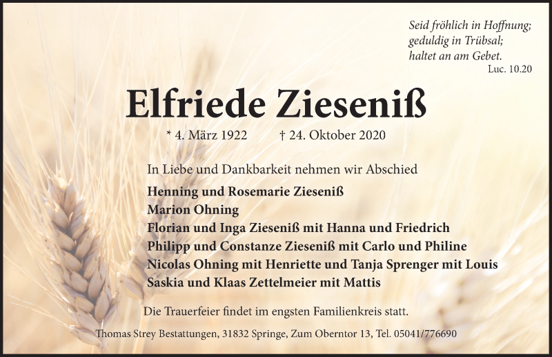  Traueranzeige für Elfriede Zieseniß vom 30.10.2020 aus Neue Deister-Zeitung