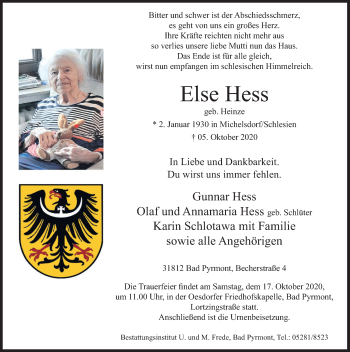 Traueranzeige von Else Hess von Deister- und Weserzeitung