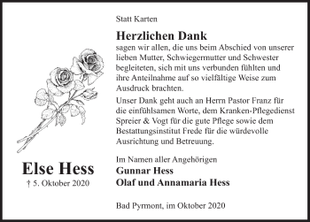 Traueranzeige von Else Hess von Deister- und Weserzeitung