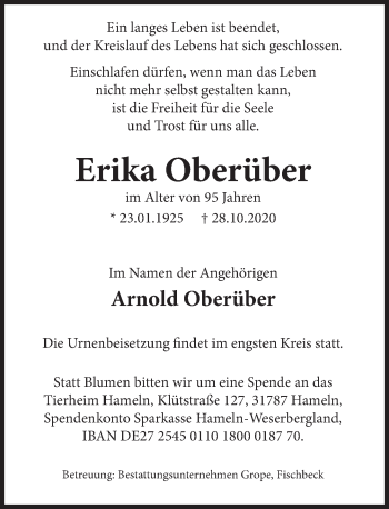 Traueranzeige von Erika Oberüber von Deister- und Weserzeitung