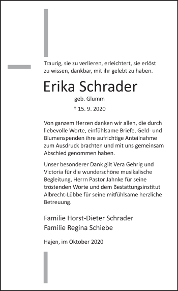 Traueranzeige von Erika Schrader von Deister- und Weserzeitung