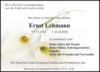 Traueranzeige von Ernst Lehmann von Deister- und Weserzeitung