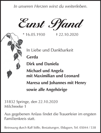 Traueranzeige von Ernst Pfand von Neue Deister-Zeitung