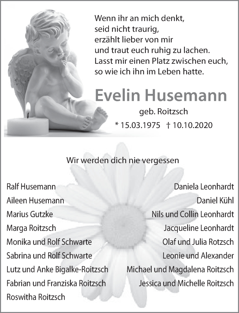  Traueranzeige für Evelin Husemann vom 17.10.2020 aus Deister- und Weserzeitung