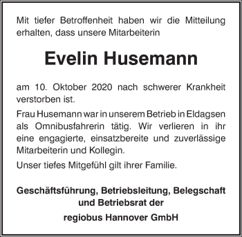 Traueranzeige von Evelin Husemann von Neue Deister-Zeitung