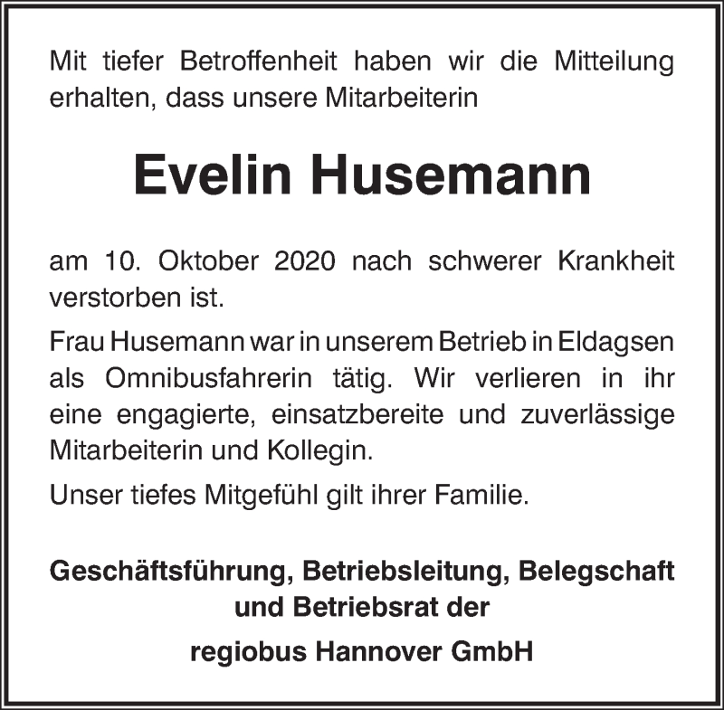  Traueranzeige für Evelin Husemann vom 17.10.2020 aus Neue Deister-Zeitung