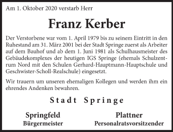 Traueranzeige von Franz Kerber von Neue Deister-Zeitung