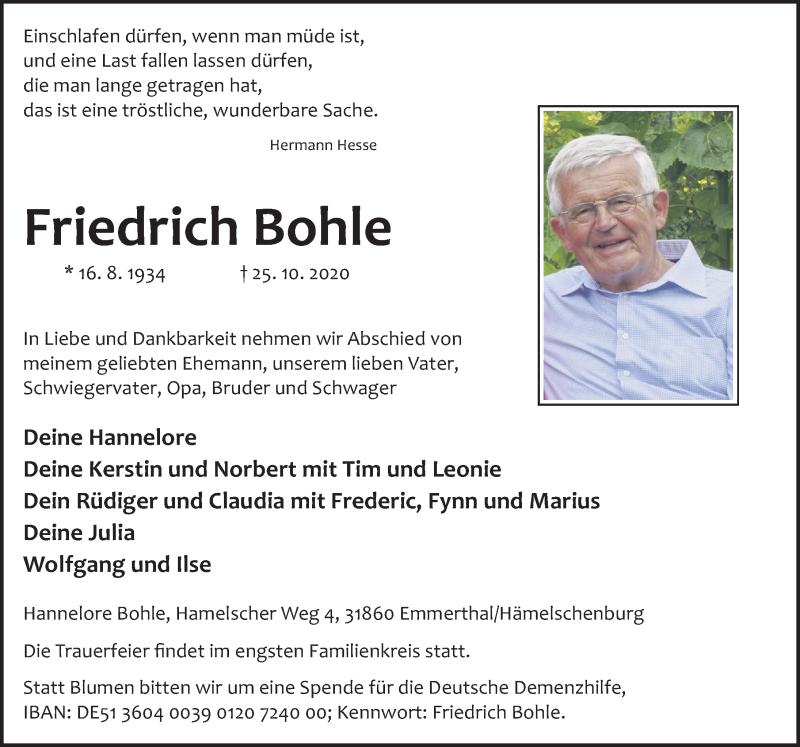  Traueranzeige für Friedrich Bohle vom 30.10.2020 aus Deister- und Weserzeitung