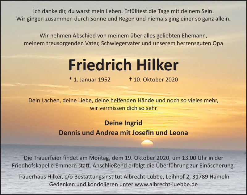  Traueranzeige für Friedrich Hilker vom 14.10.2020 aus Deister- und Weserzeitung