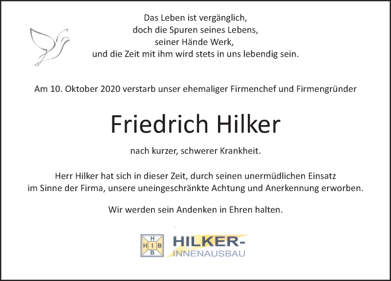  Traueranzeige für Friedrich Hilker vom 14.10.2020 aus Deister- und Weserzeitung