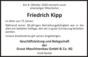 Traueranzeige von Friedrich Kipp von Deister- und Weserzeitung