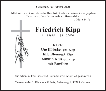 Traueranzeige von Friedrich Kipp von Deister- und Weserzeitung