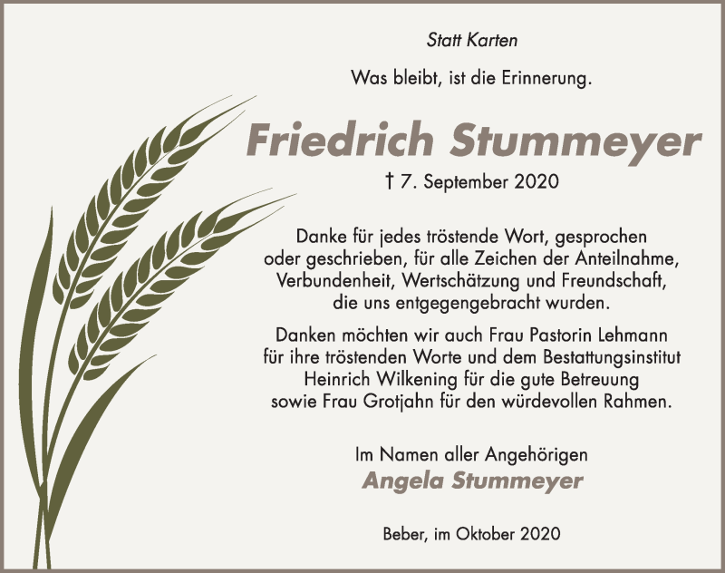  Traueranzeige für Friedrich Stummeyer vom 24.10.2020 aus Neue Deister-Zeitung