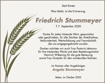 Traueranzeige von Friedrich Stummeyer von Neue Deister-Zeitung
