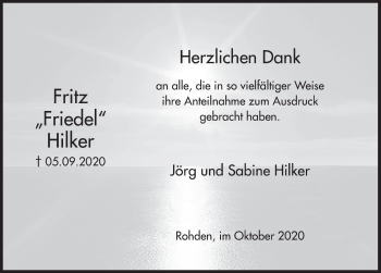 Traueranzeige von Fritz Hilker von Deister- und Weserzeitung